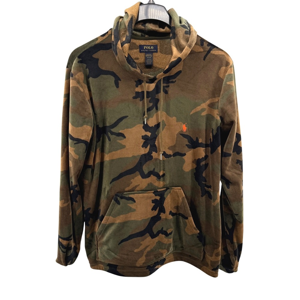 Polo Ralph Lauren Hoodie Mens Medium Pre-Owned Camo Green Velour Drawstring Logo